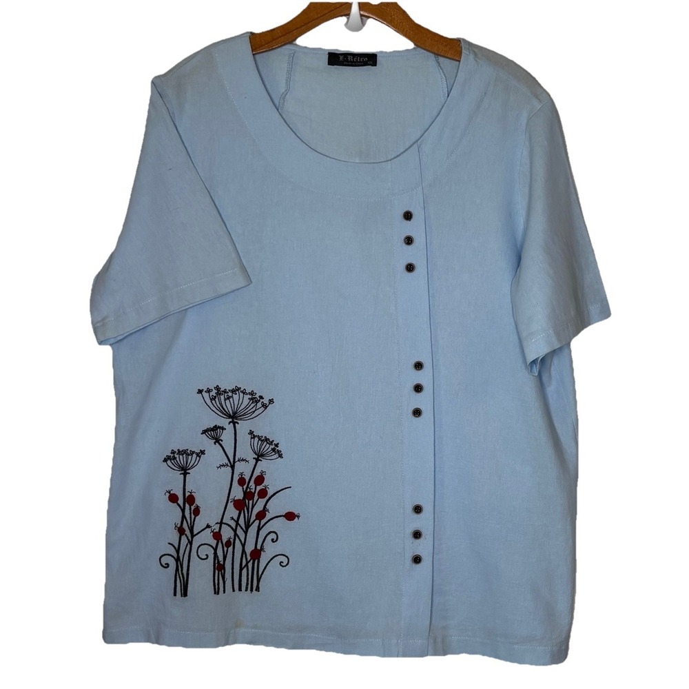 E-Retro Top Blouse Sky Blue XXL Asymmetrical Button Up‎ Embroidered Lagenlook